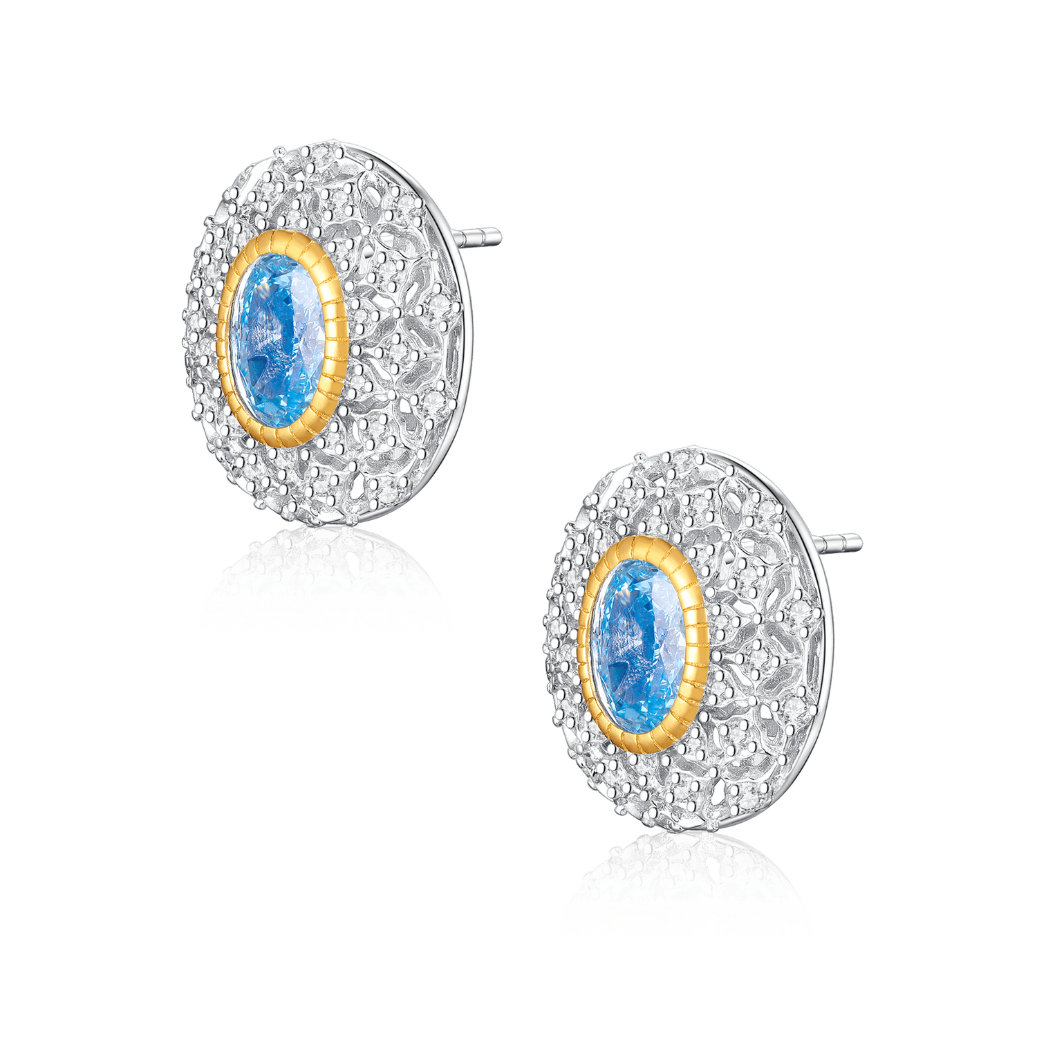 Silver Dome-shaped Earrings with Hollow Design, Faux Diamond Inlays, and Blue Gemstone Center. Golden Accent Encircles the Gem.